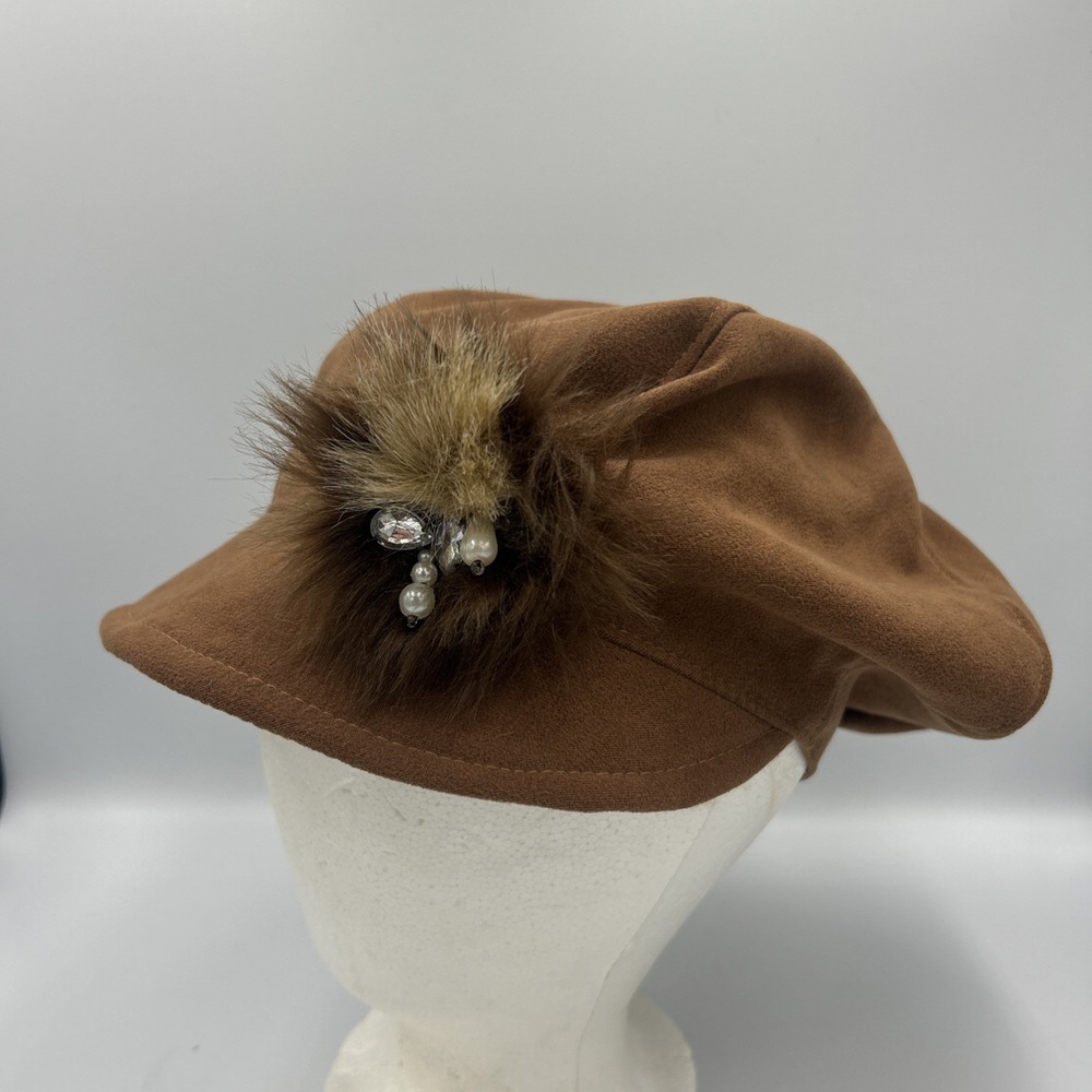 Brown Happy Hat Newsboy Cap Fashion Pearls Faux Fur Headwear Y2K Sassy Class‎
